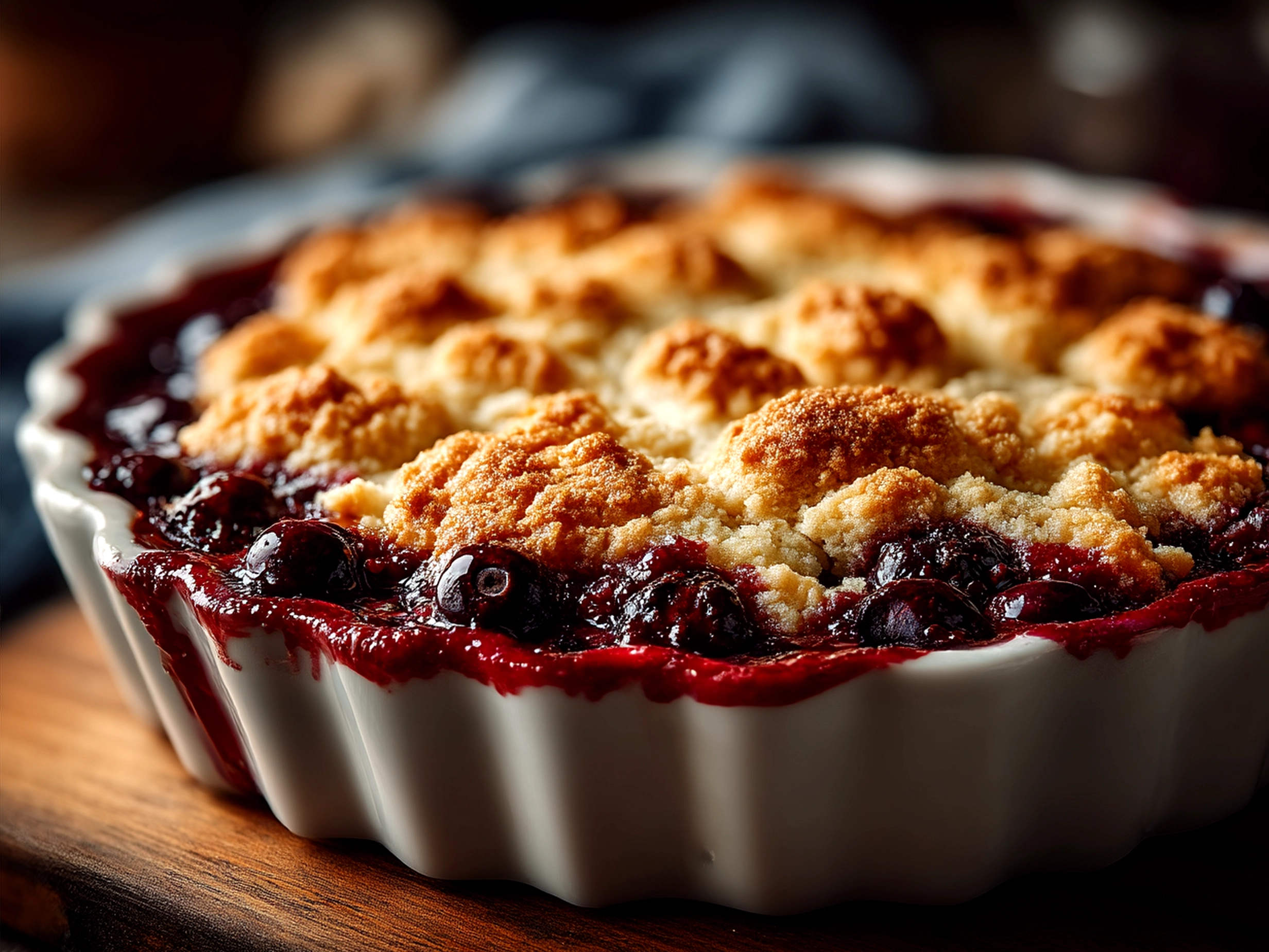 Warm blueberry cobbler served with cream and fresh mint