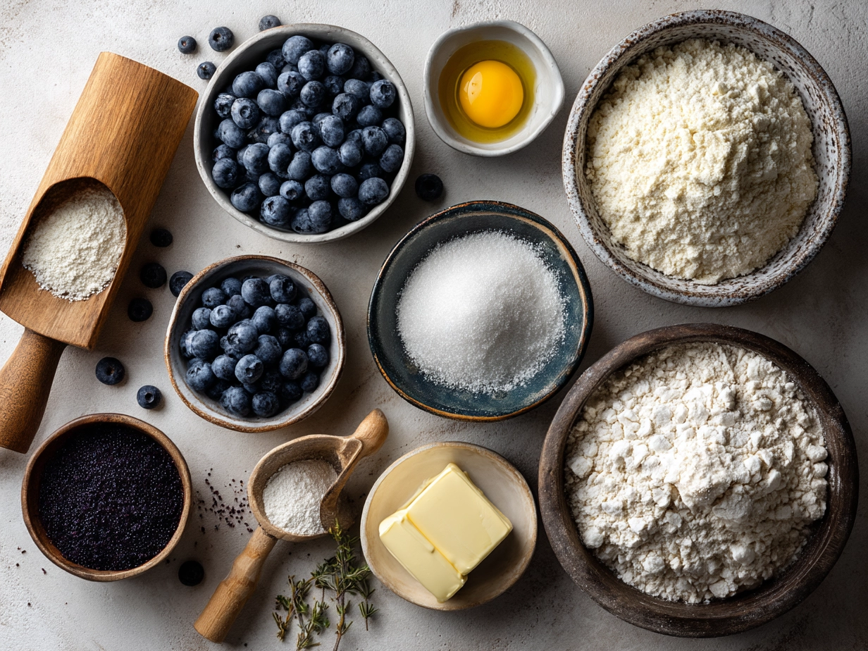 Ingredients for blueberry cobbler laid out on a kitchen counter