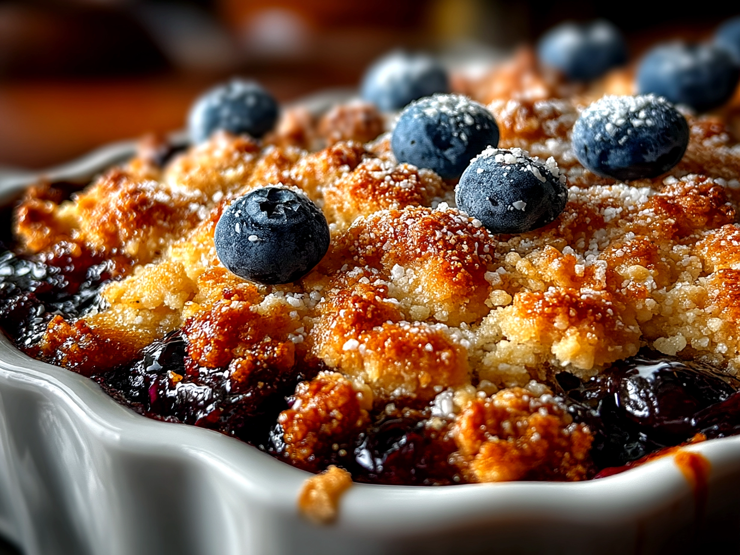 Served blueberry crisp with ice cream on top, golden oat topping bubbling with juicy berries underneath