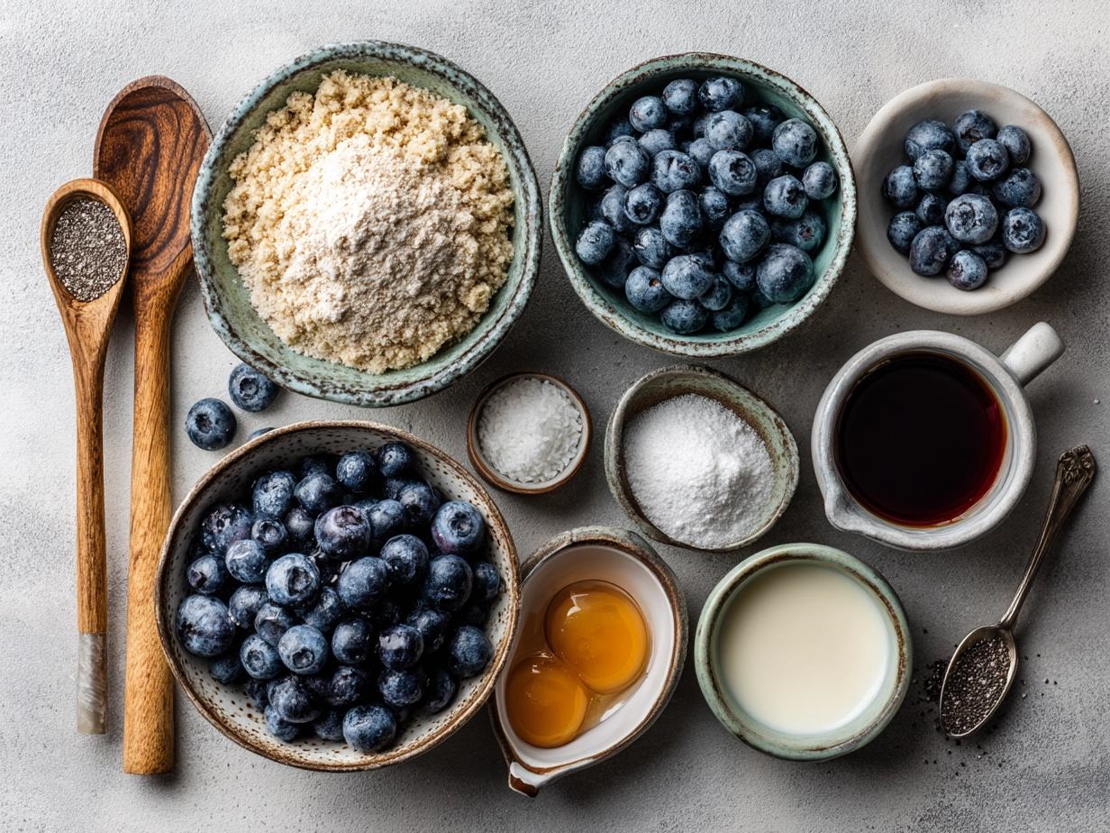 Ingredients for making blueberry crisp including fresh blueberries, oats, flour, sugars, cinnamon, butter, and lemon juice