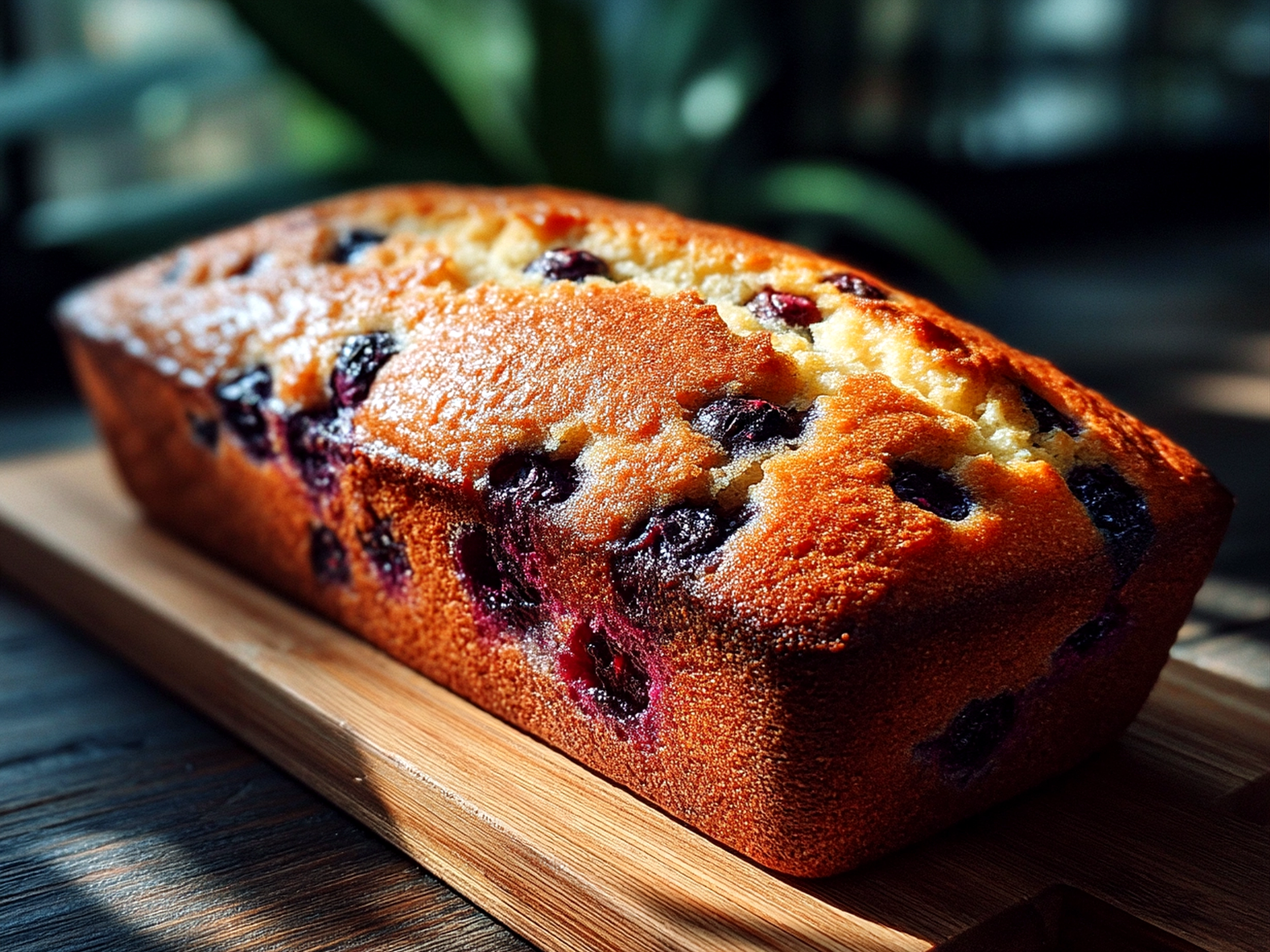 A sliced Blueberry Lemon Bread served on a wooden board with fresh blueberries and lemon zest