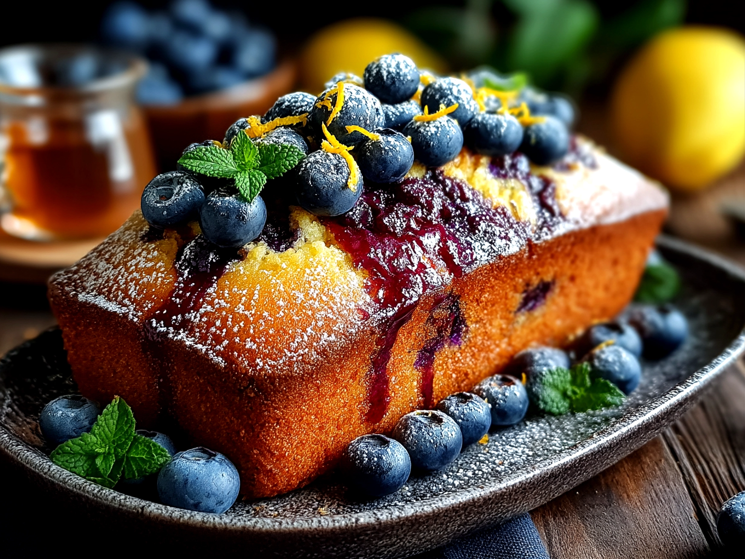 Slice of Blueberry Lemon Pound Cake with Zest served on a plate