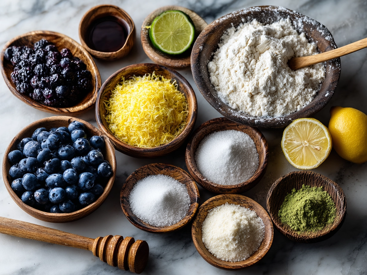 Ingredients laid out for Blueberry Lemon Pound Cake with Zest including butter, sugar, eggs, flour, lemon, and blueberries
