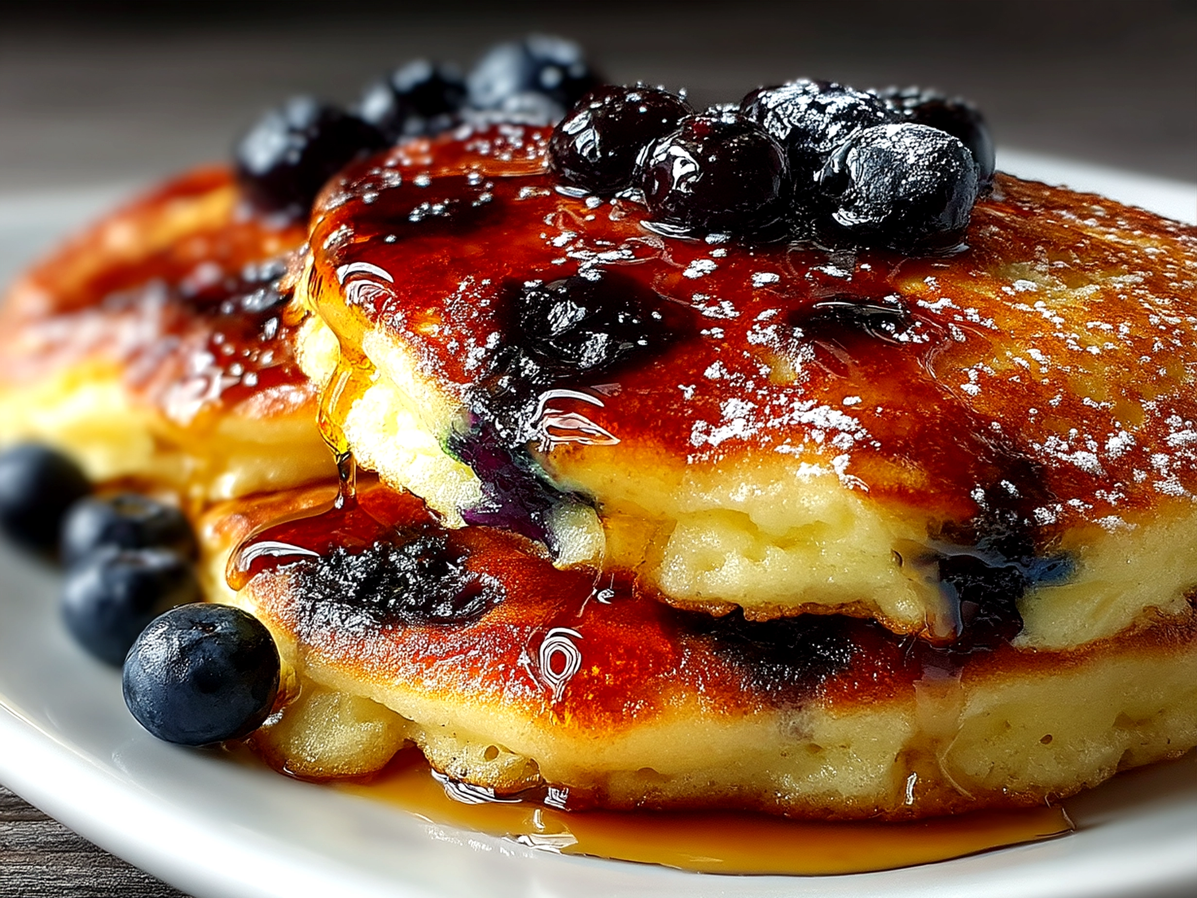 Stack of fluffy blueberry pancakes served with butter and berries on a white plate