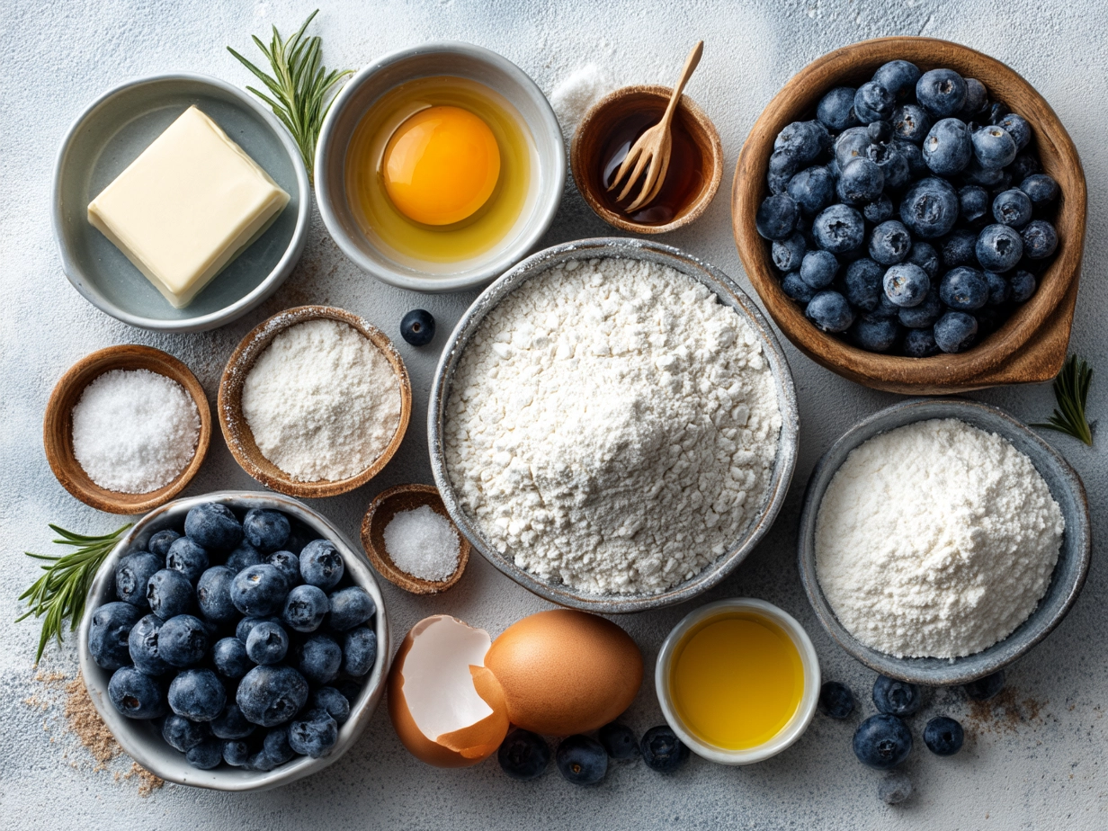 Ingredients for fluffy blueberry pancakes arranged on a wooden table