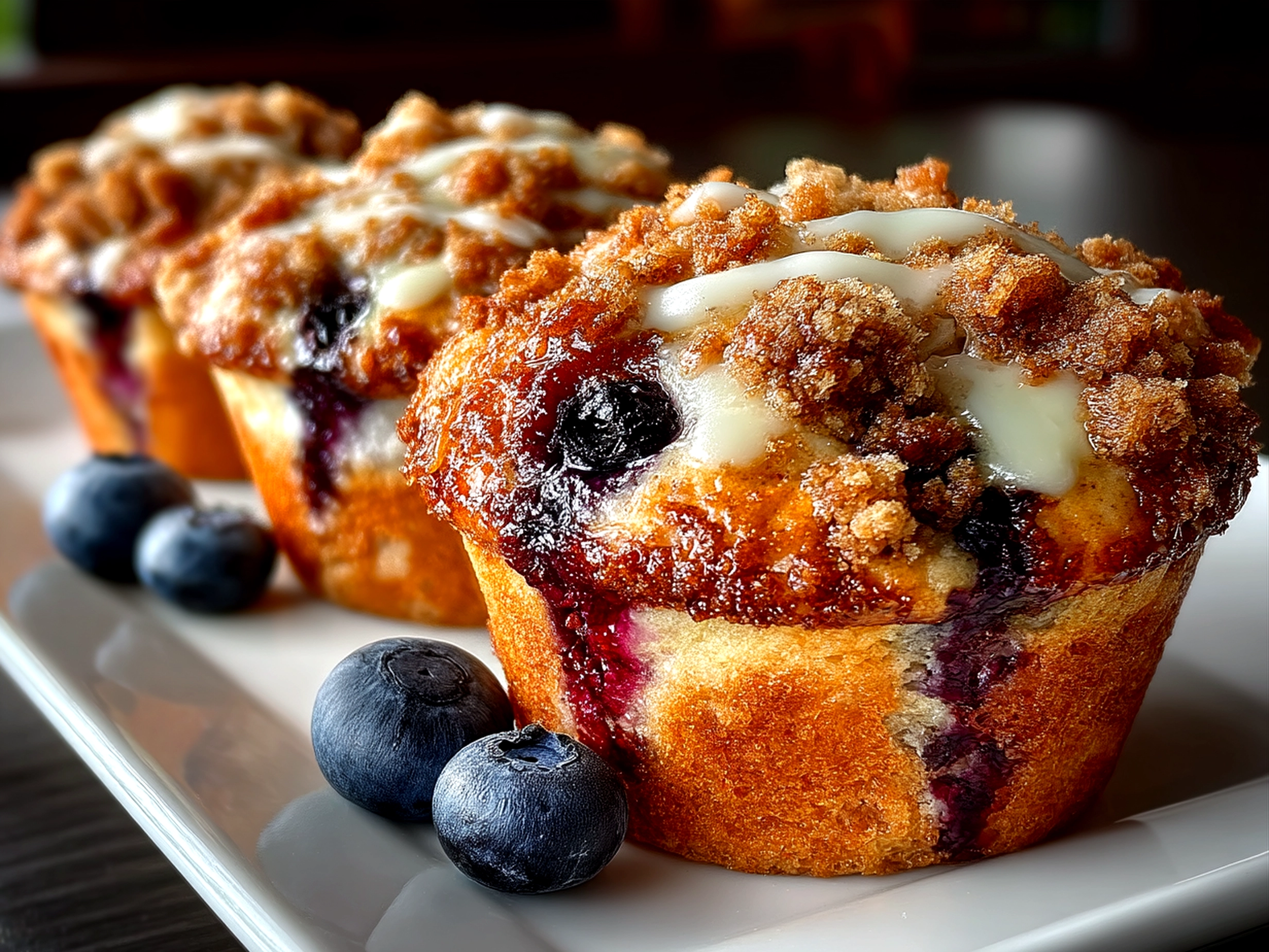Blueberry streusel muffins arranged on a rustic wooden board with fresh blueberries