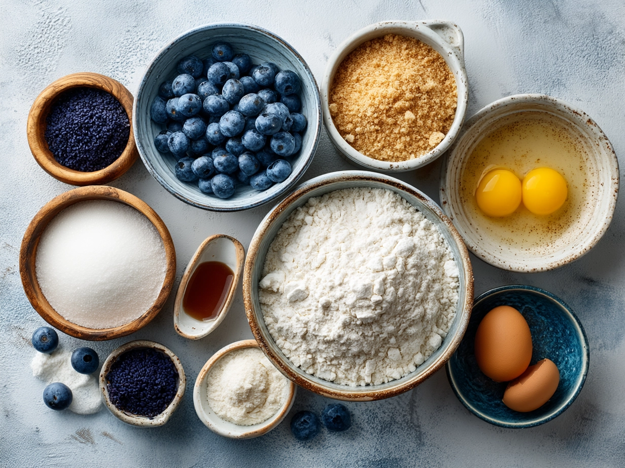 Ingredients for Blueberry Streusel Muffins laid out on a wooden table
