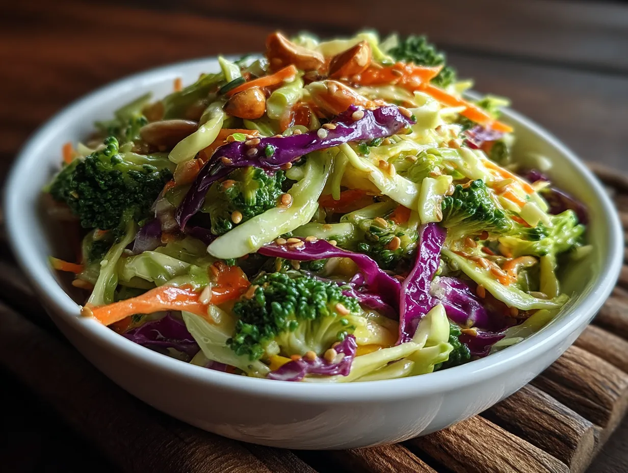 A colorful serving bowl of crunchy broccoli slaw garnished with toasted nuts