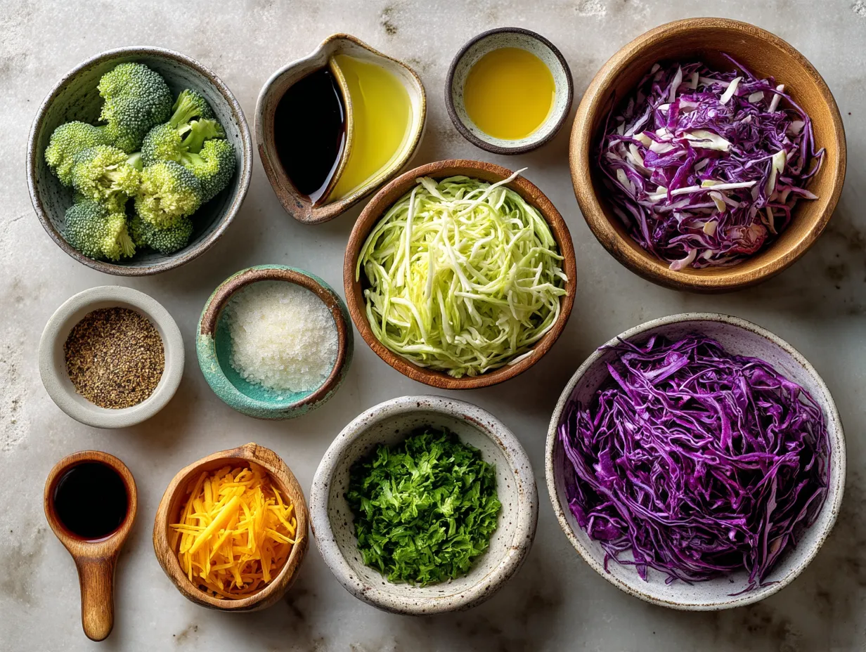 Broccoli slaw ingredients including shredded broccoli, carrots, green onions, apple, and nuts