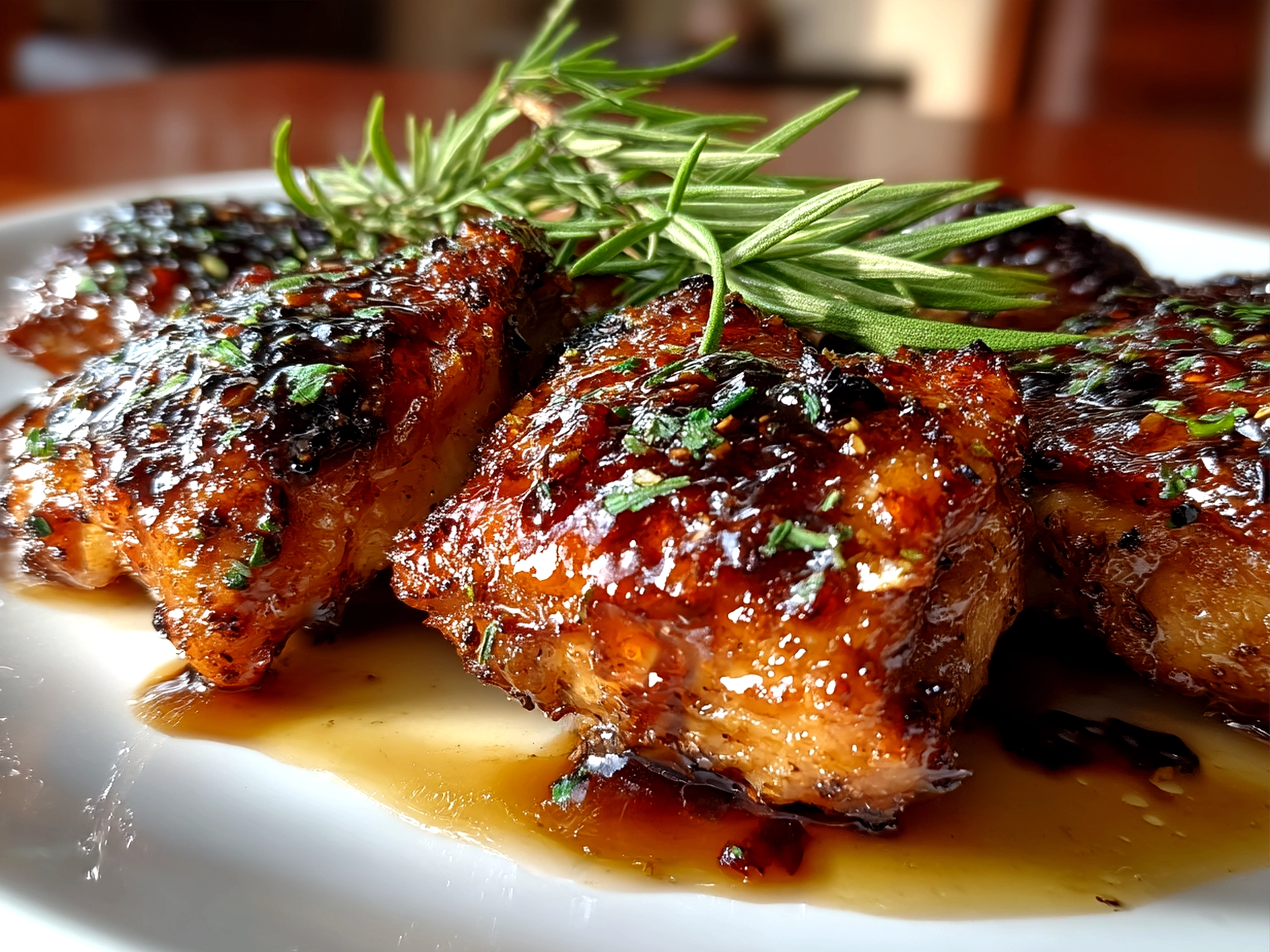 Serving platter with Brown Sugar Garlic Chicken Thighs garnished with fresh herbs