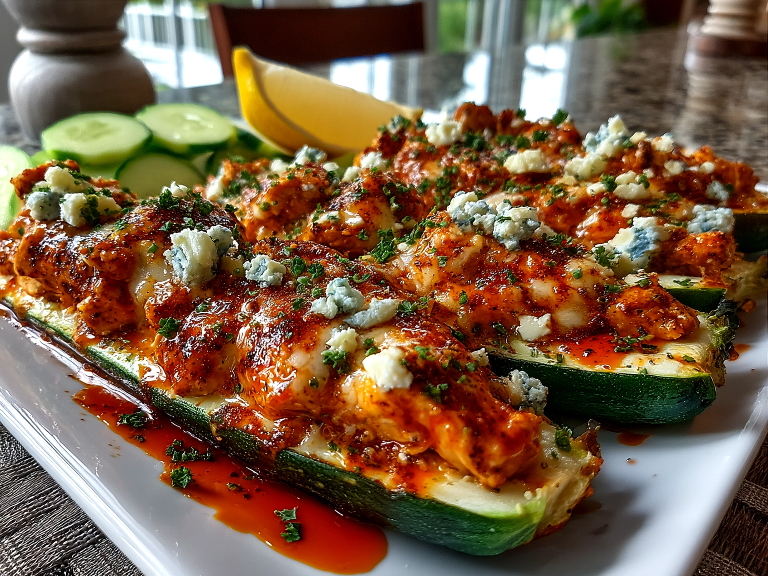 Buffalo chicken zucchini boats plated on a white dish garnished with green onions
