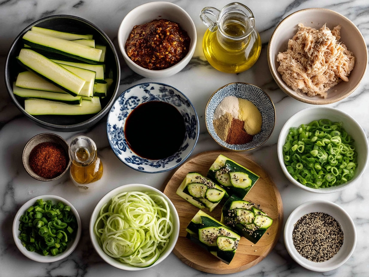 Ingredients laid out for buffalo chicken zucchini boats including zucchinis, shredded chicken, cheese, and buffalo sauce