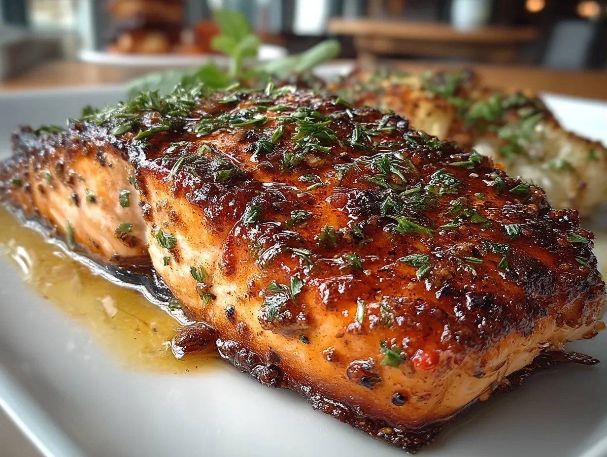 Cajun Honey Butter Grilled Salmon served with sides and herbs
