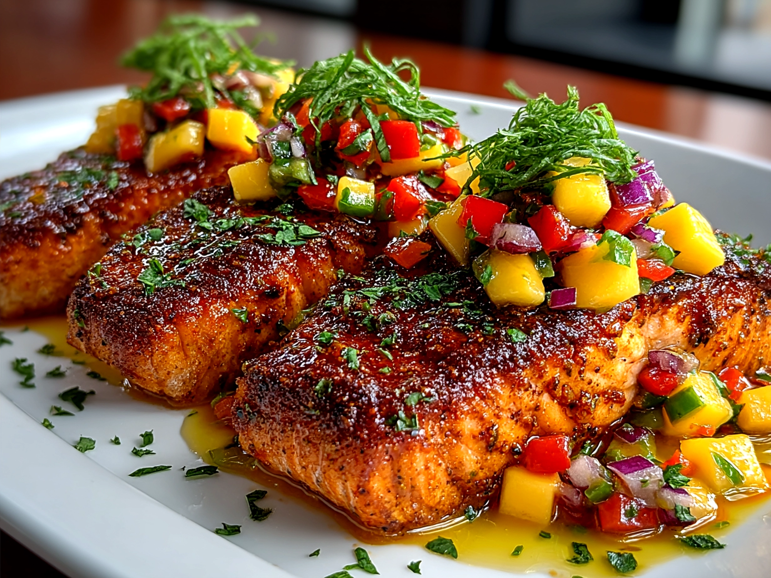 Grilled Cajun salmon fillets topped with fresh mango salsa on a serving platter with lime wedges and cilantro