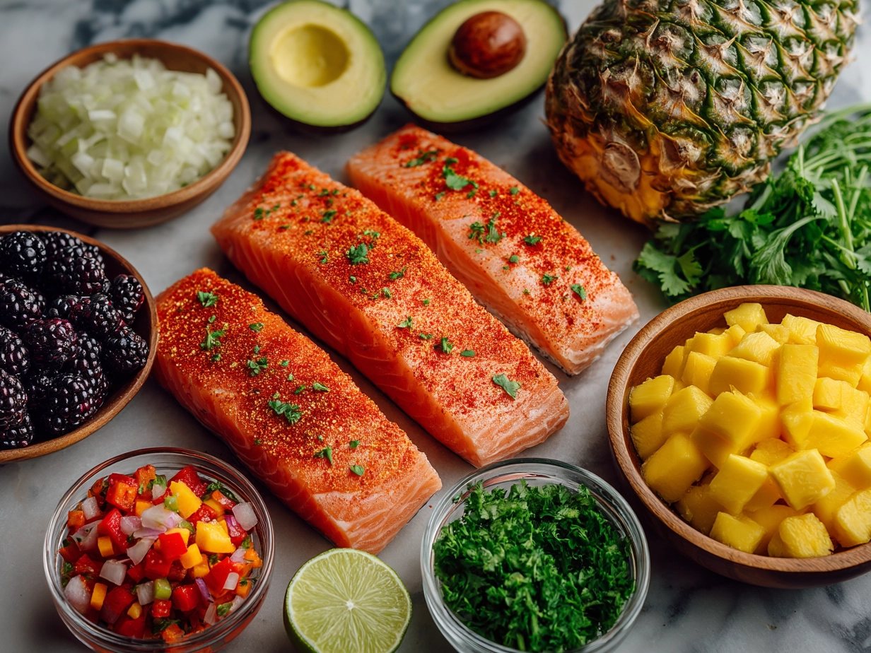 Ingredients for Cajun Salmon Mango Salsa including salmon fillets, fresh mango, bell pepper, onion, cilantro, lime juice, olive oil, and Cajun spices