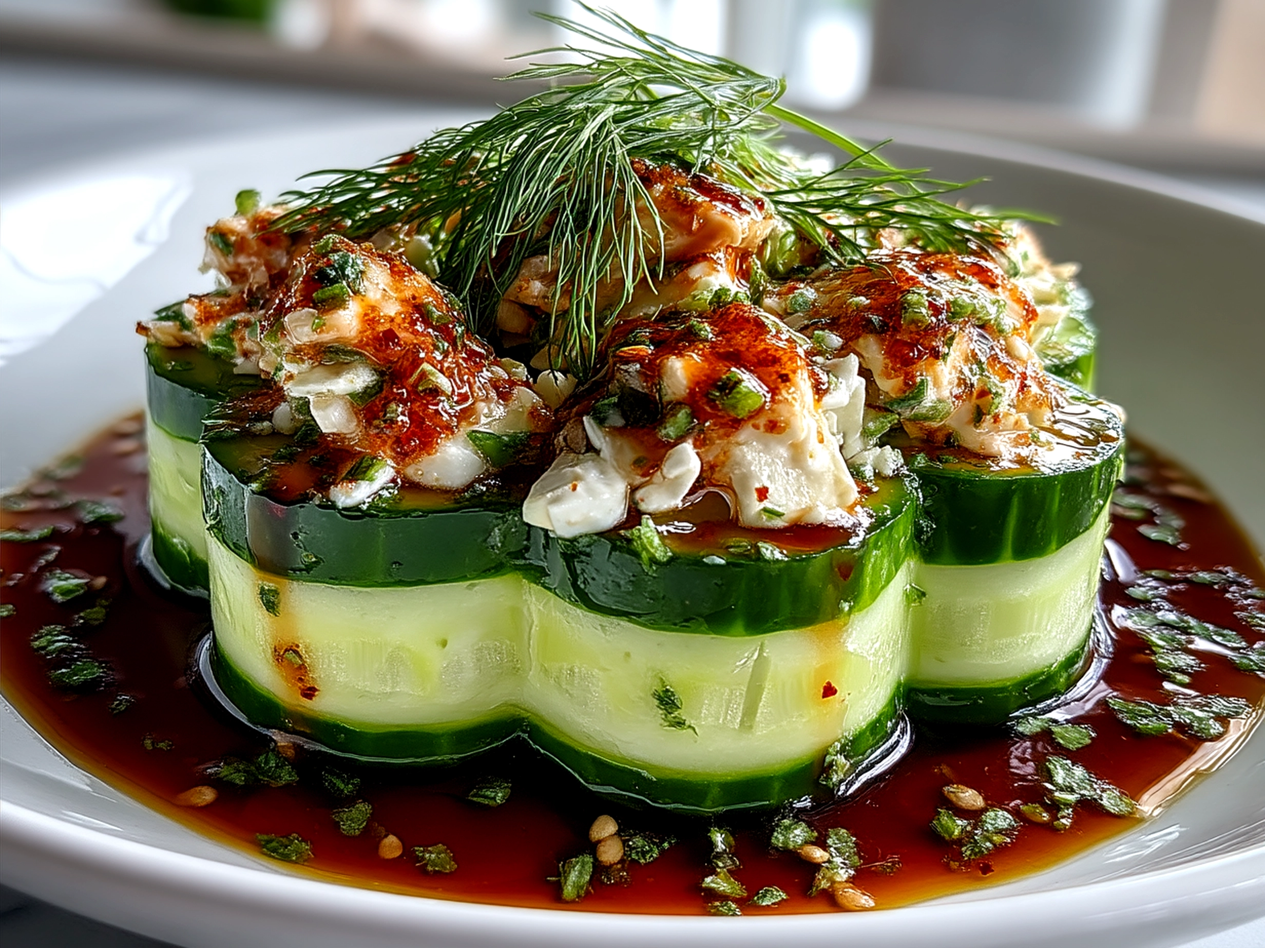 California Roll Cucumber Salad served in a glass bowl with colorful ingredients and sesame seeds
