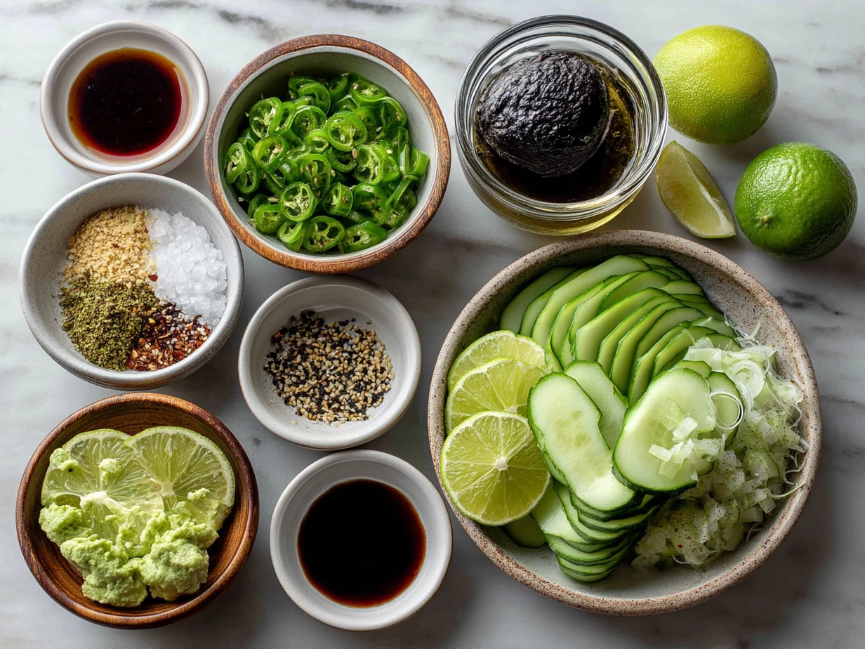 Ingredients for California Roll Cucumber Salad including cucumbers, crab meat, nori, and more