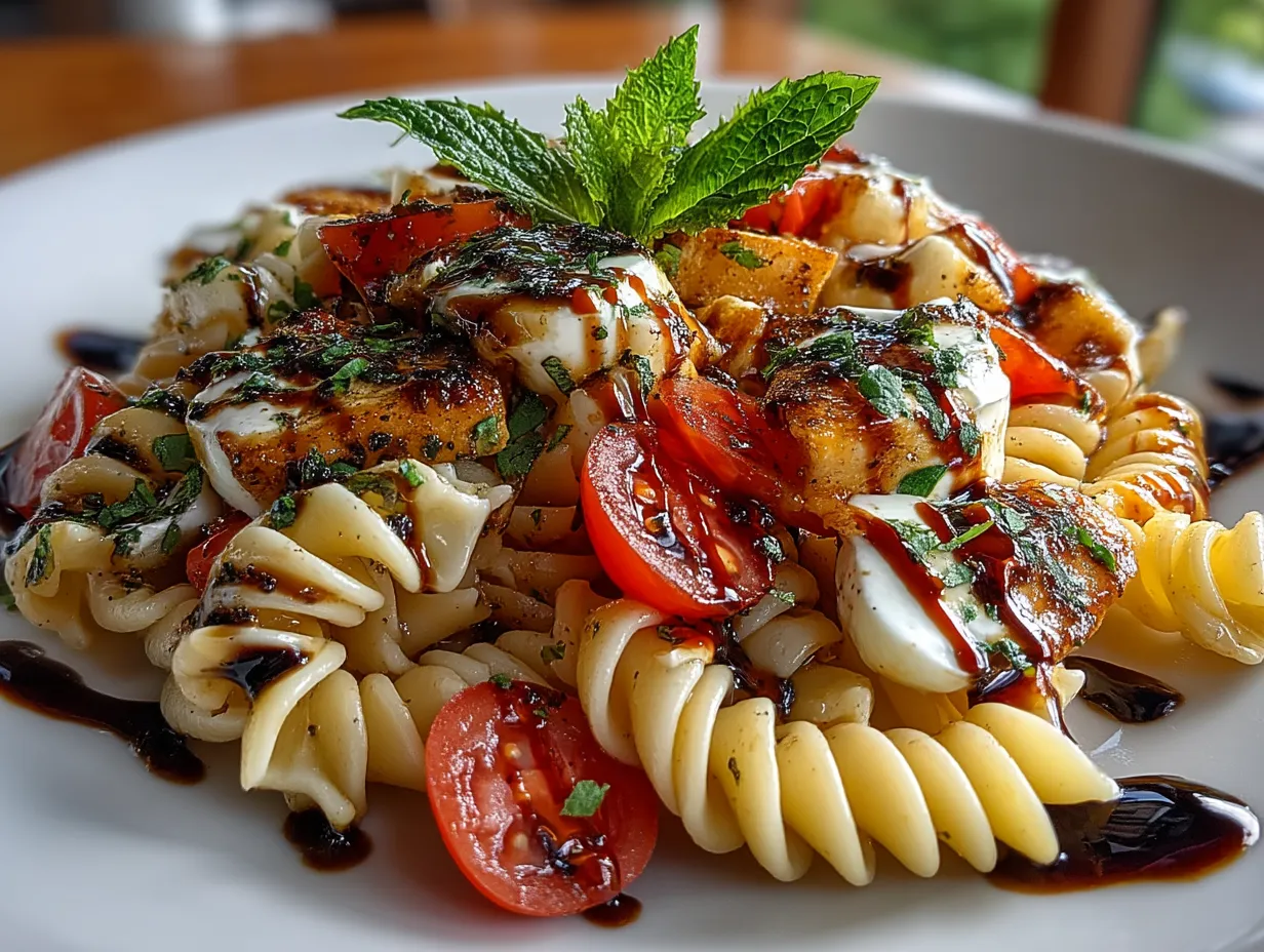 Beautifully served Caprese Pasta Salad garnished with fresh basil leaves