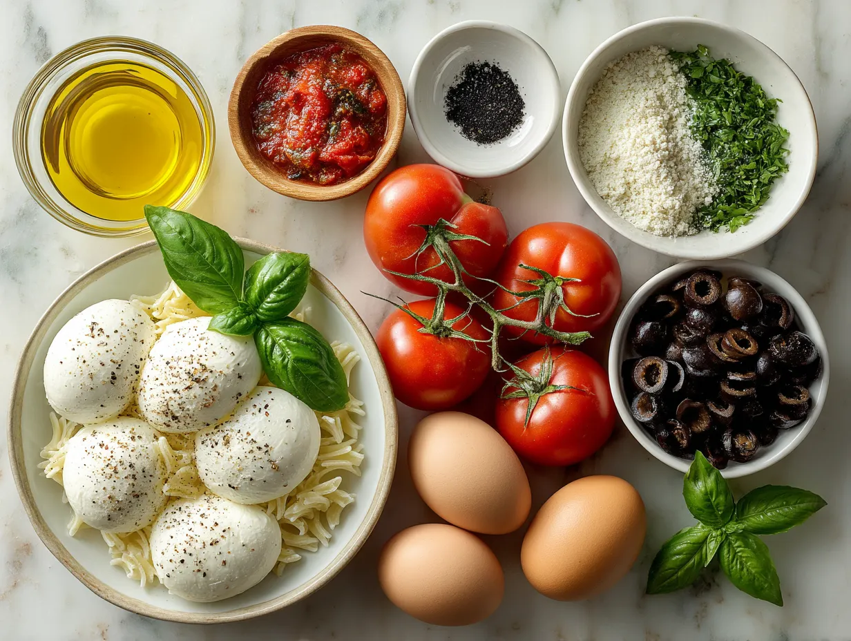 Ingredients for Caprese Pasta Salad including pasta, cherry tomatoes, fresh mozzarella, basil, olive oil, and balsamic vinegar