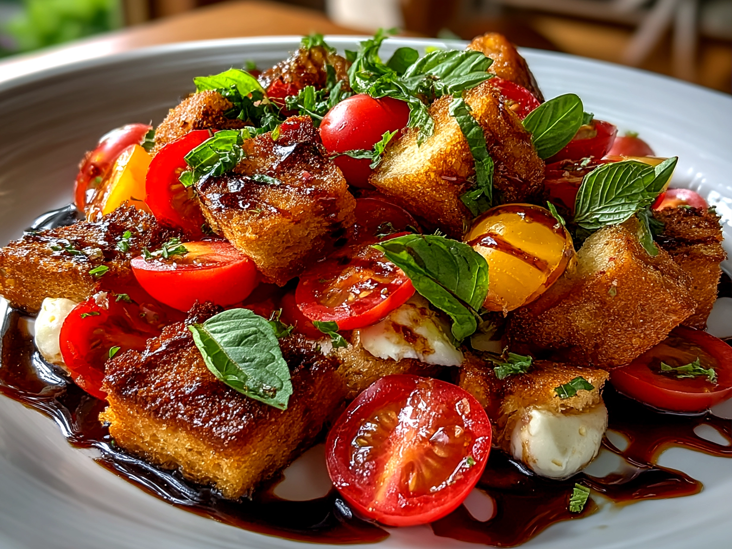 Caprese Panzanella salad served in a wide bowl, highlighting vibrant heirloom tomatoes, fresh mozzarella, and basil