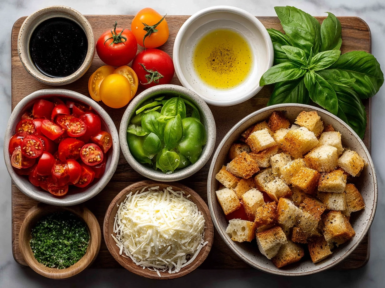 Ingredients for Caprese Panzanella laid out including rustic bread, heirloom tomatoes, fresh mozzarella and basil