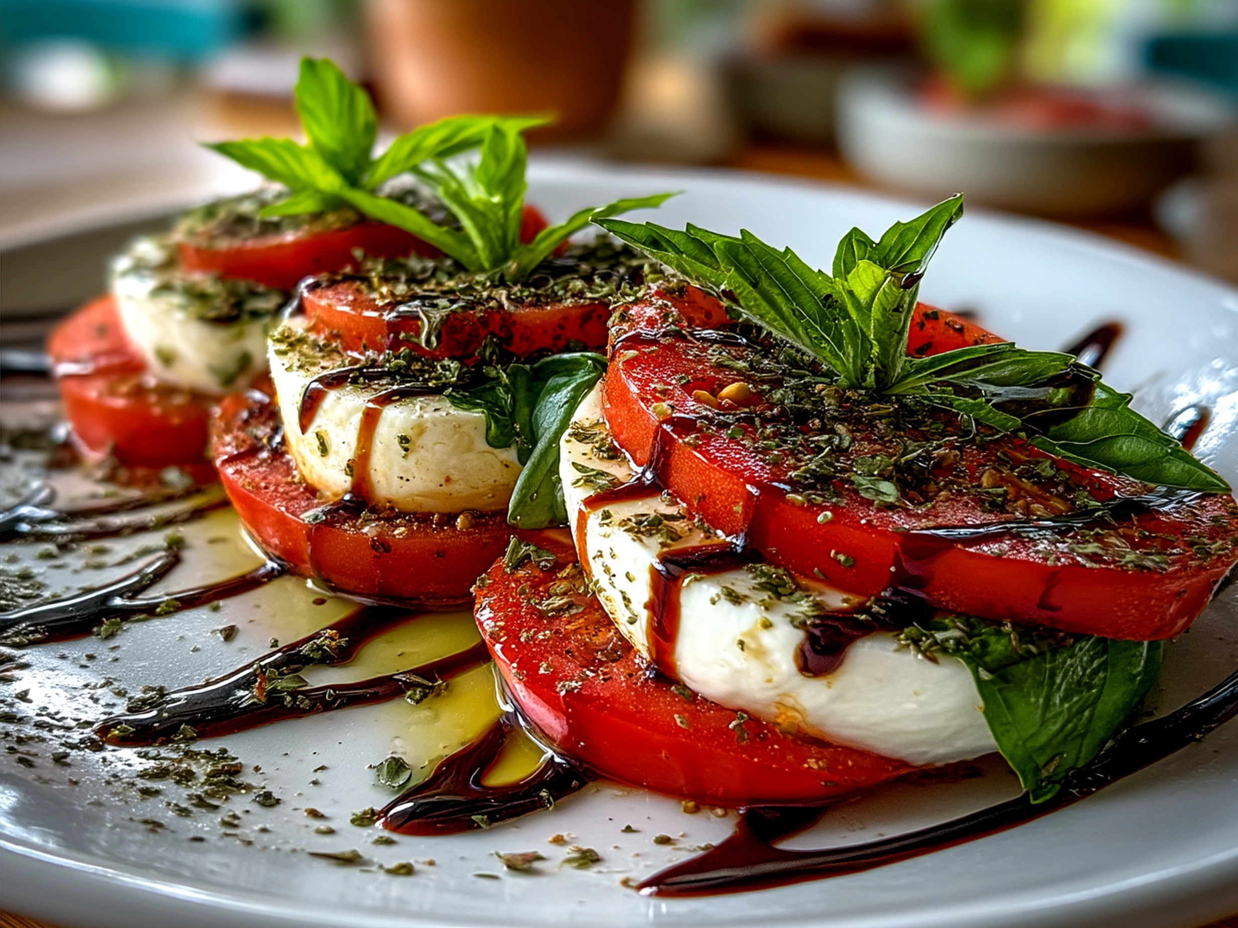 Beautifully served Caprese Salad with fresh basil and olive oil drizzle