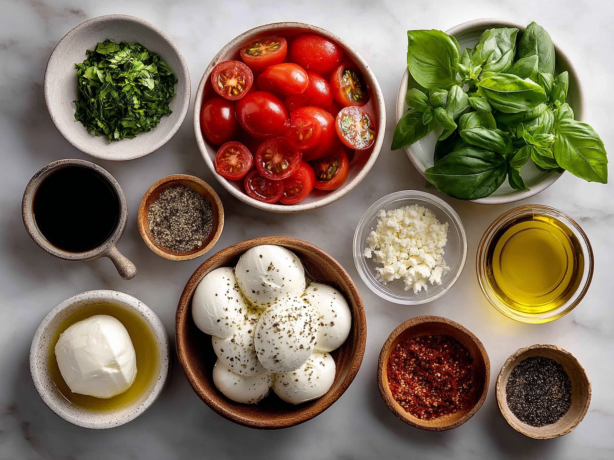 Fresh tomatoes, mozzarella cheese, basil leaves, olive oil and balsamic vinegar arranged as ingredients for Caprese Salad