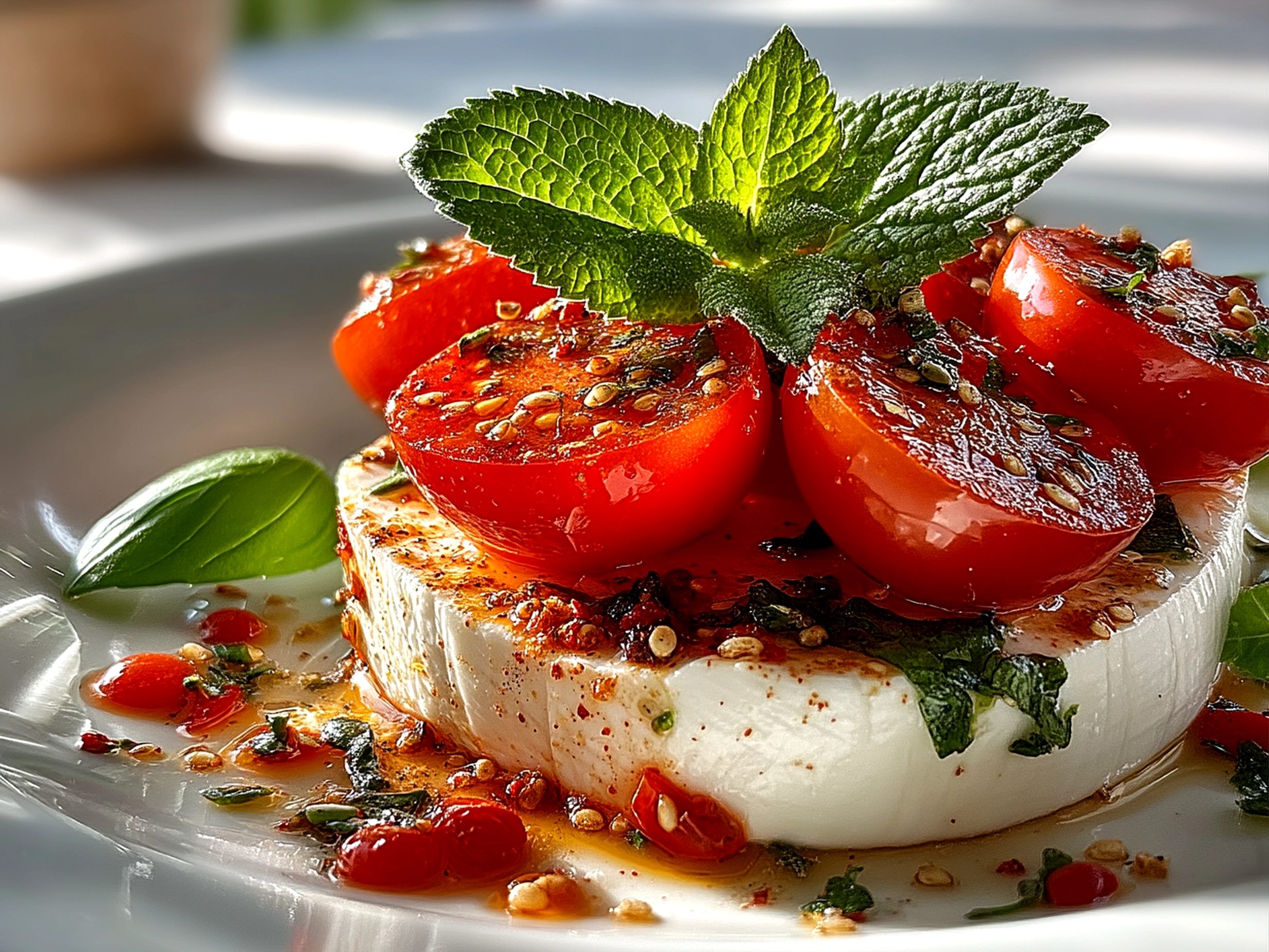 Beautifully presented Caprese Salad with Cherry Tomatoes on a white ceramic dish