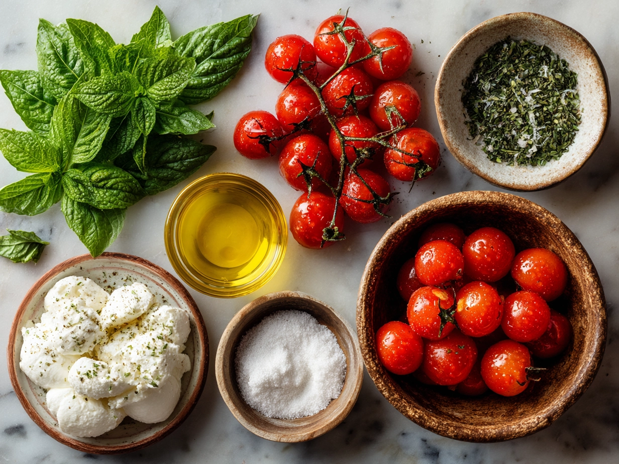 Ingredients for Caprese Salad with Cherry Tomatoes on a wooden table