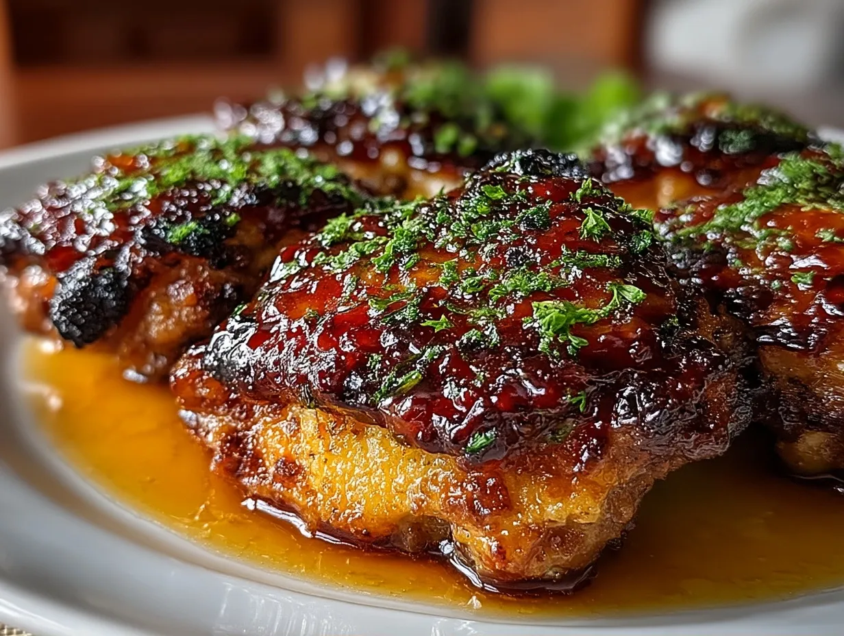 Serving plated caramelized BBQ chicken thighs