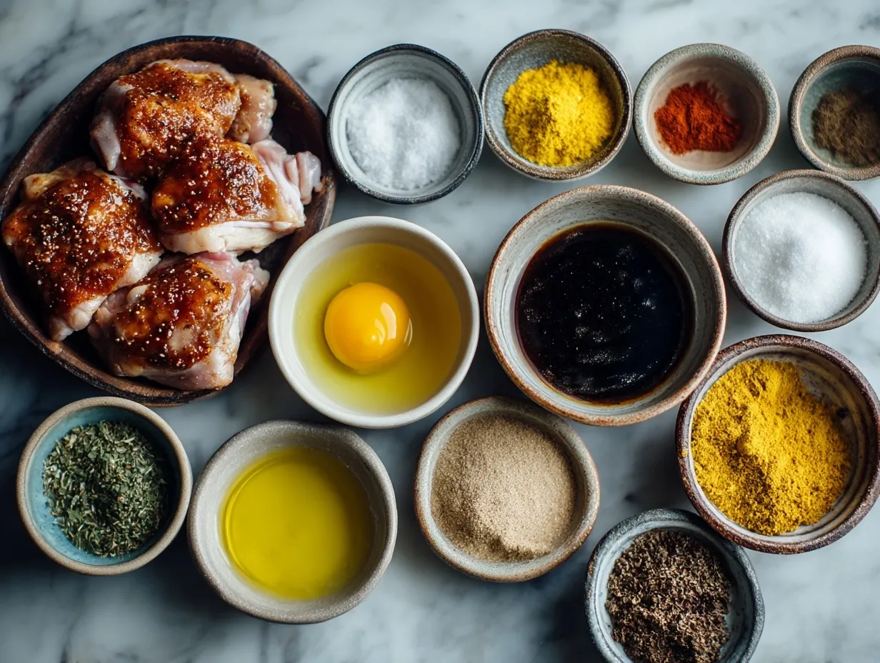 Ingredients laid out for Caramelized BBQ Chicken Thighs in the Oven
