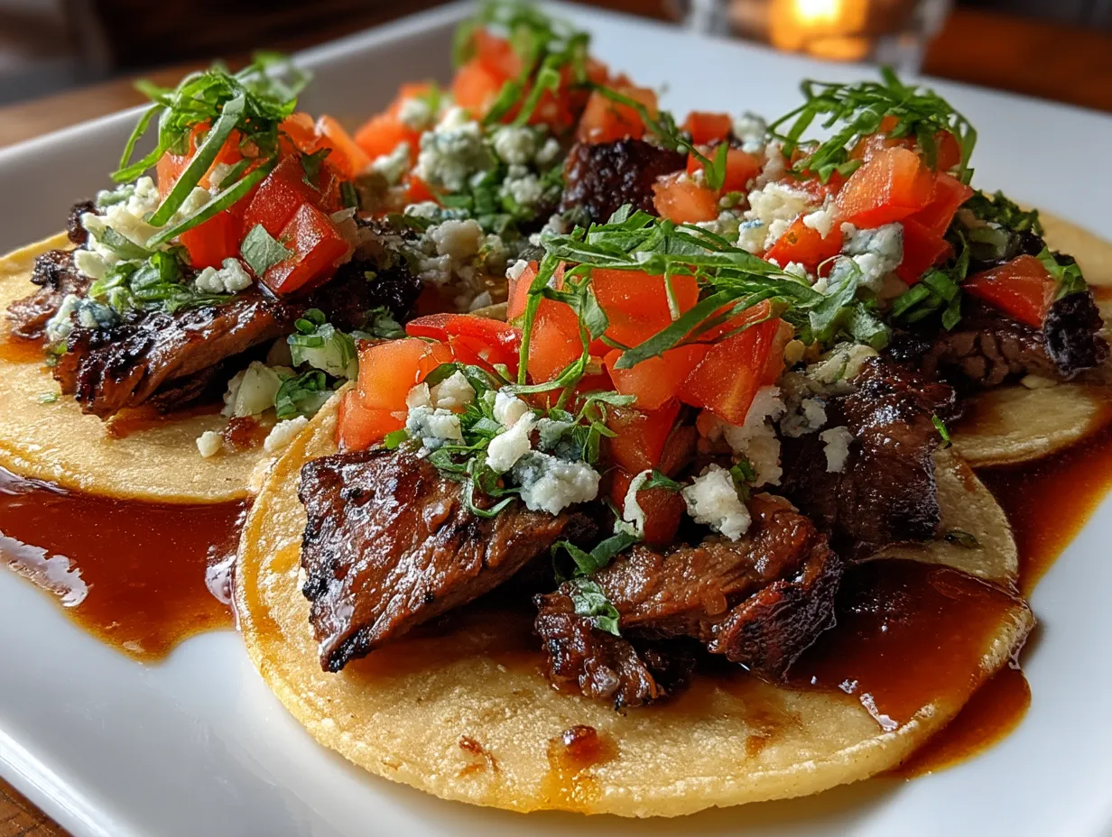 Beautifully assembled Carne Asada Tacos on a colorful plate with fresh garnishes and lime wedges