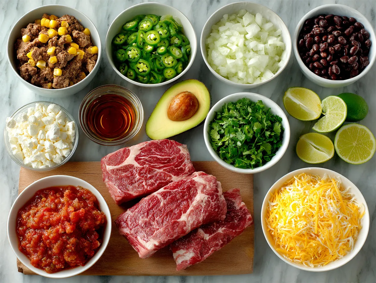 Authentic Carne Asada Tacos ingredients laid out on a rustic surface with fresh herbs, garlic, lime, and spices