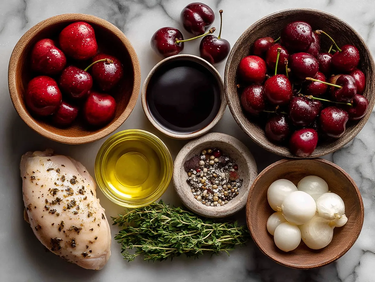 Ingredients for Cherry Balsamic Chicken plated and ready
