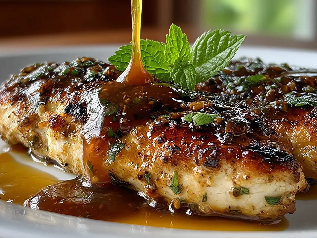 Cherry Honey Mustard Chicken served with mashed potatoes and sautéed greens