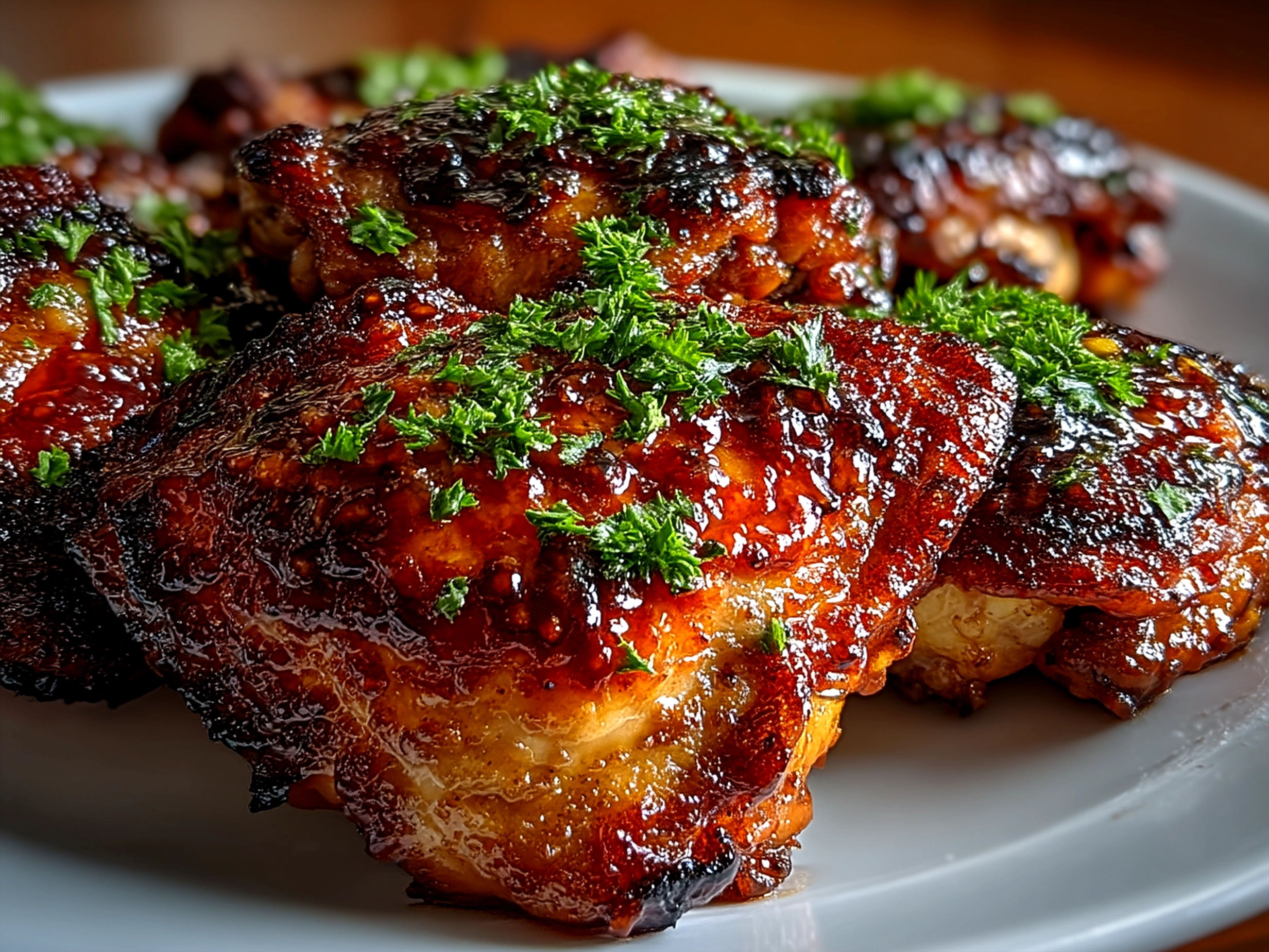 Serving Cherry Chipotle BBQ Chicken Thighs plated with fresh garnish