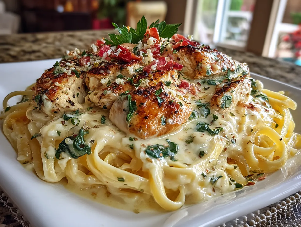 Serving creamy Chicken Alfredo pasta garnished with fresh parsley