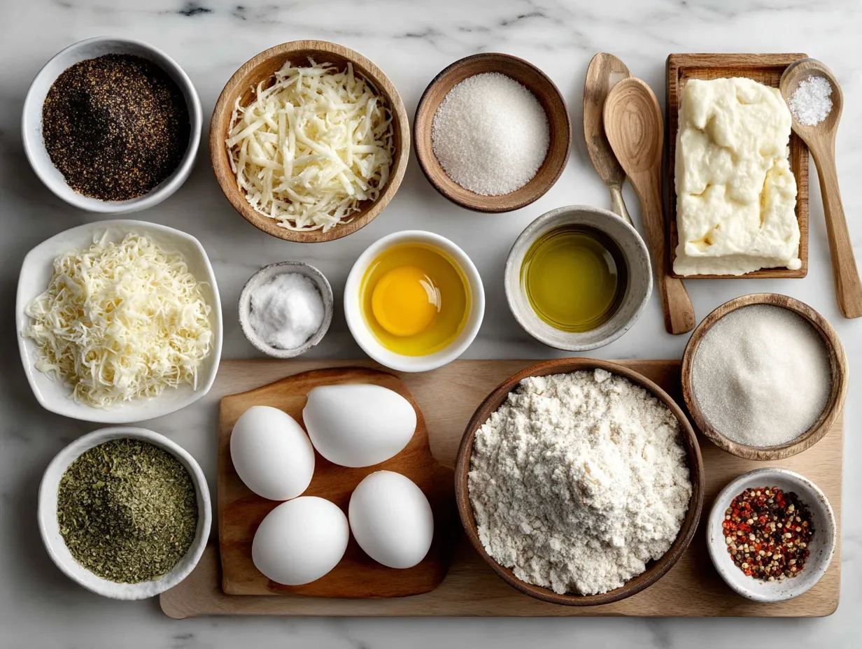 Ingredients for Chicken Alfredo including chicken breasts, fettuccine pasta, butter, garlic, heavy cream, Parmesan cheese, and parsley