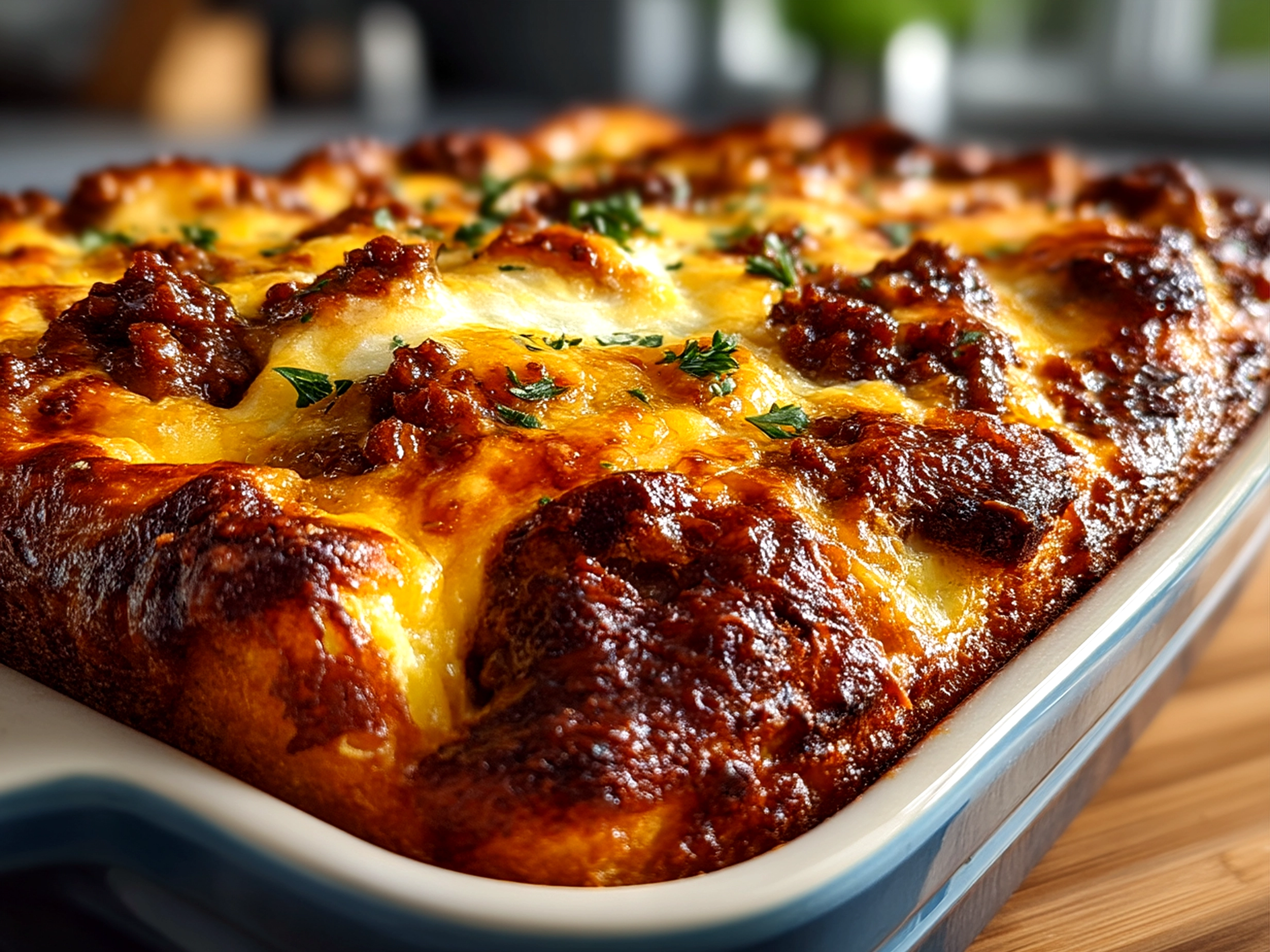 Chili cheese dog casserole served with fresh salad and pickles