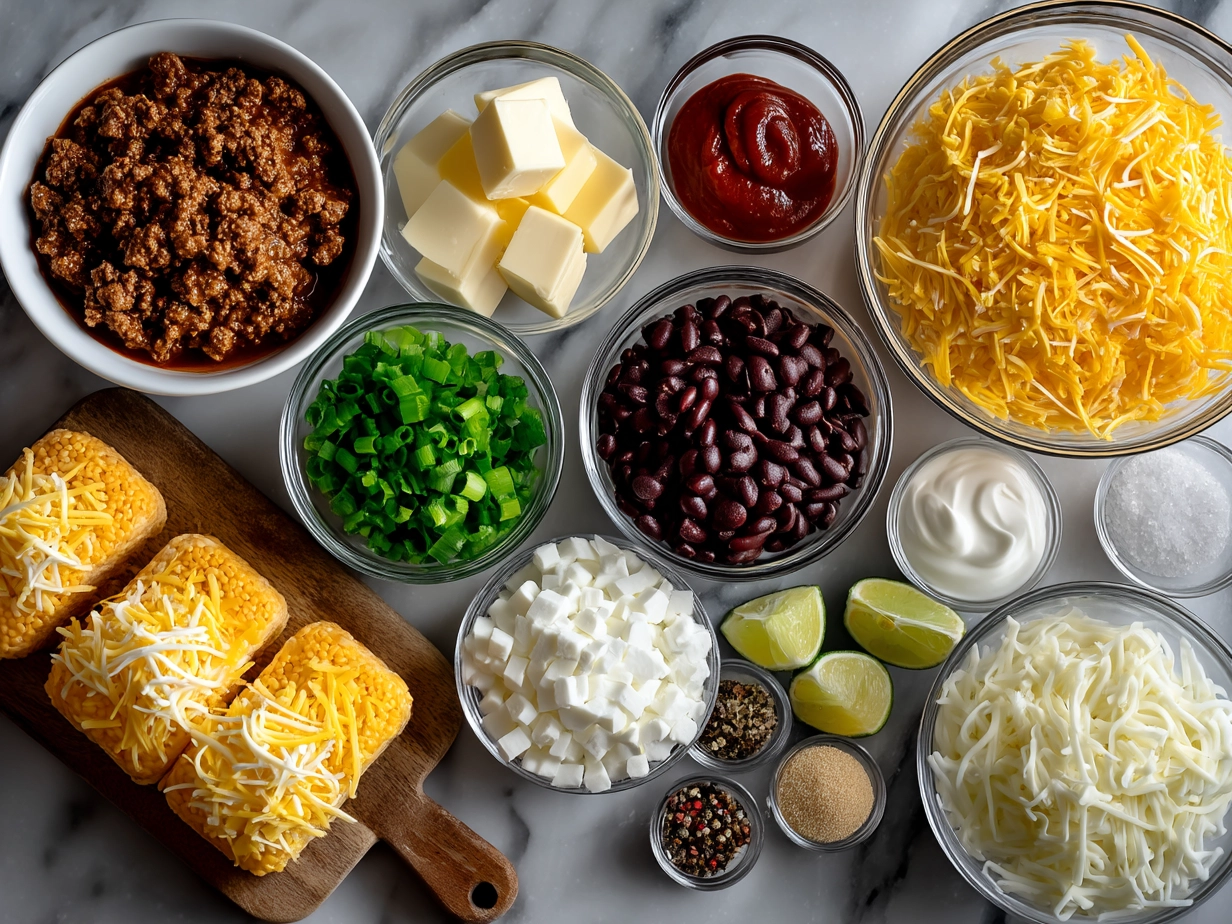 Ingredients for chili cheese dog casserole in bowls and on table