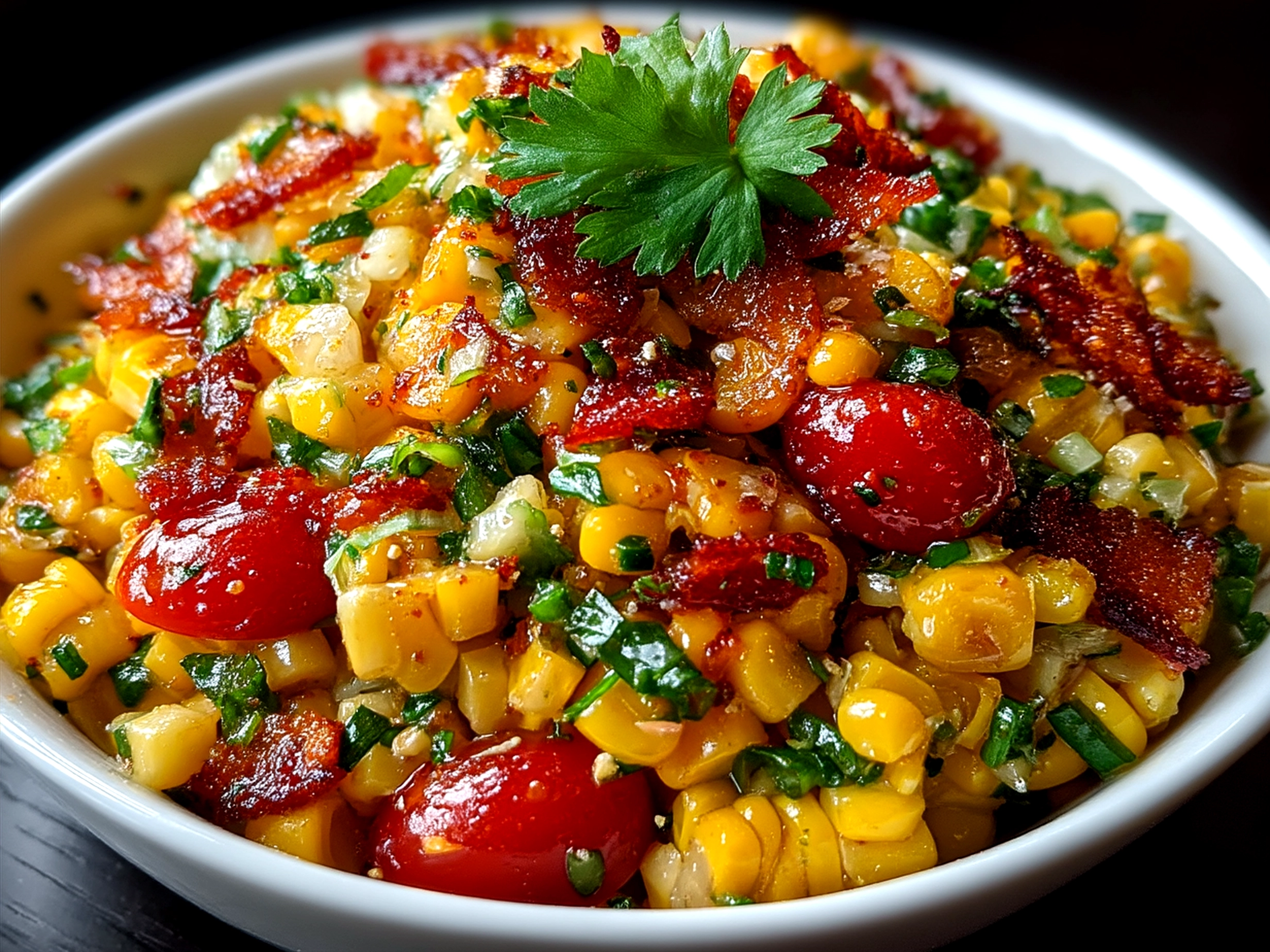 Final chipotle corn salsa served in a bowl with tortilla chips