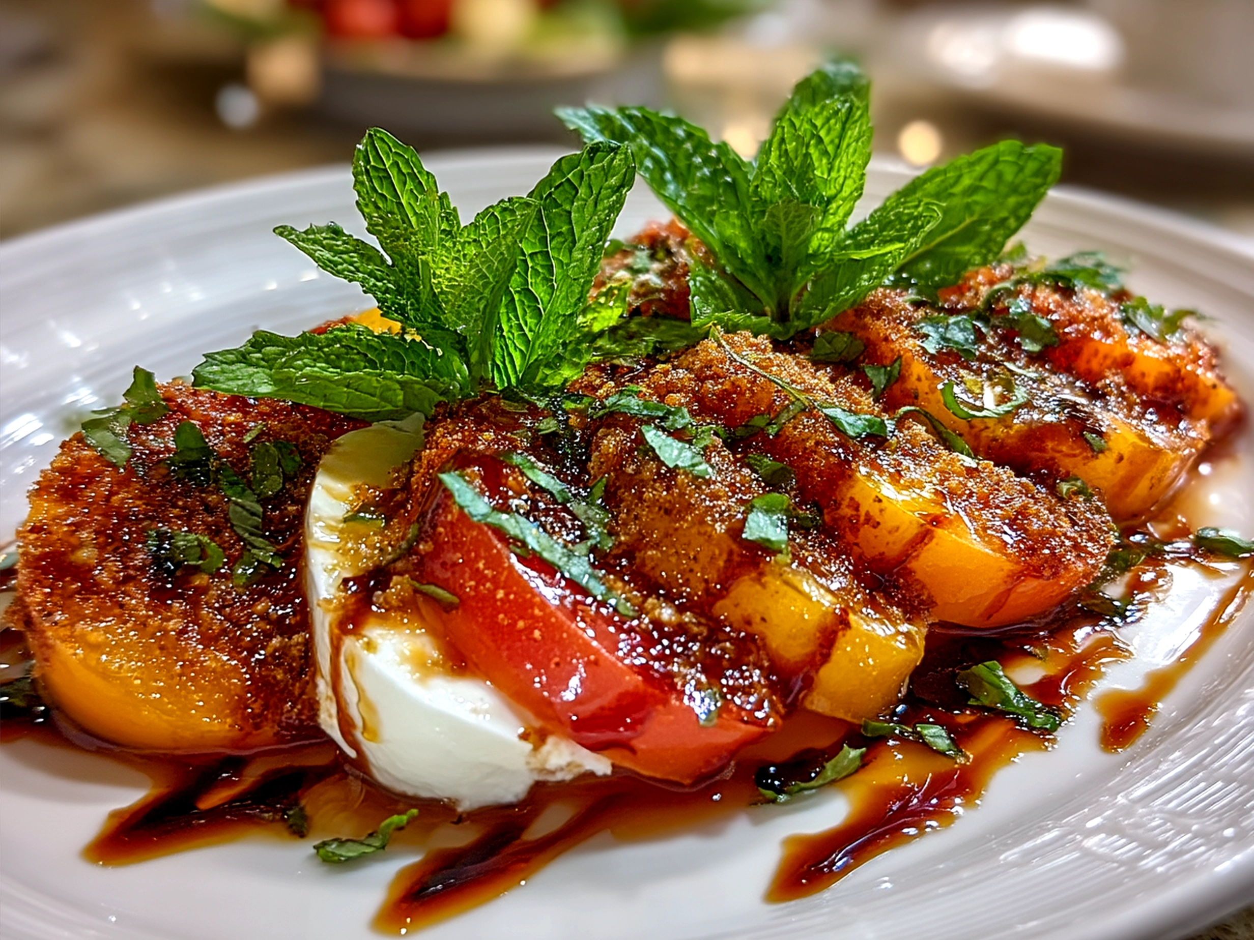 Chopped peach Caprese salad served beautifully with fresh peaches, mozzarella and basil