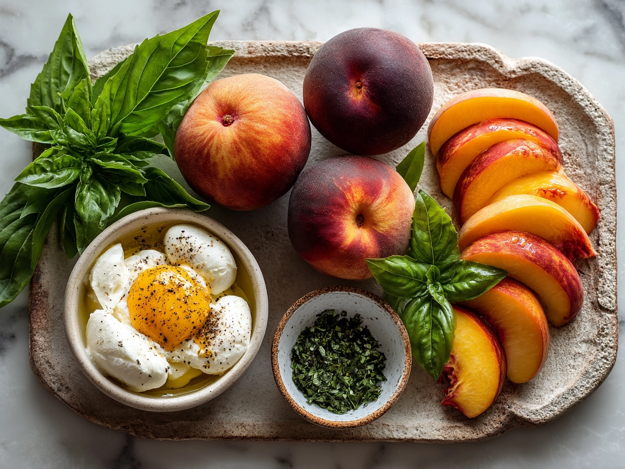 Ingredients for chopped peach Caprese salad including peaches, mozzarella, basil, olive oil, balsamic glaze and honey