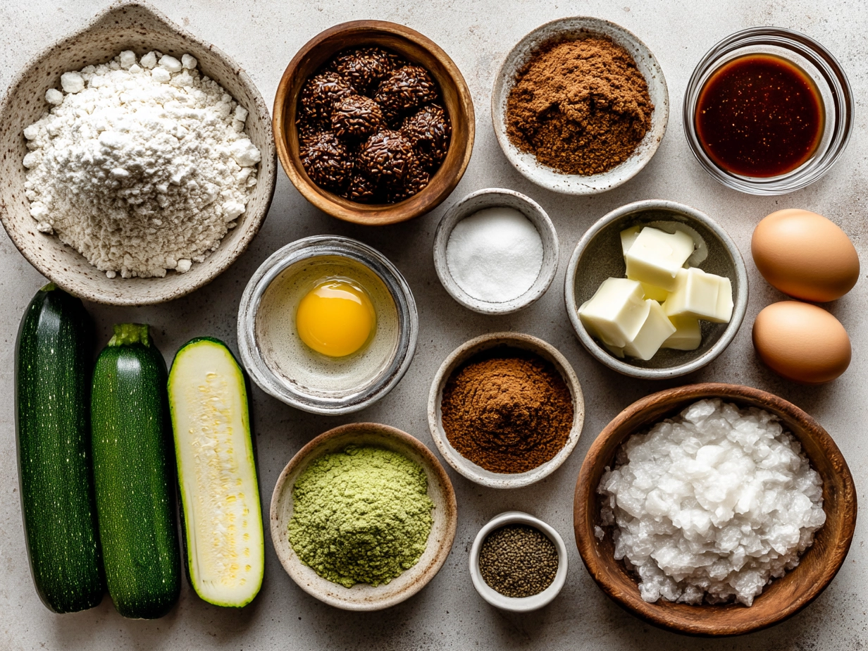 Ingredients for Cinnamon Zucchini Bread spread on a kitchen counter