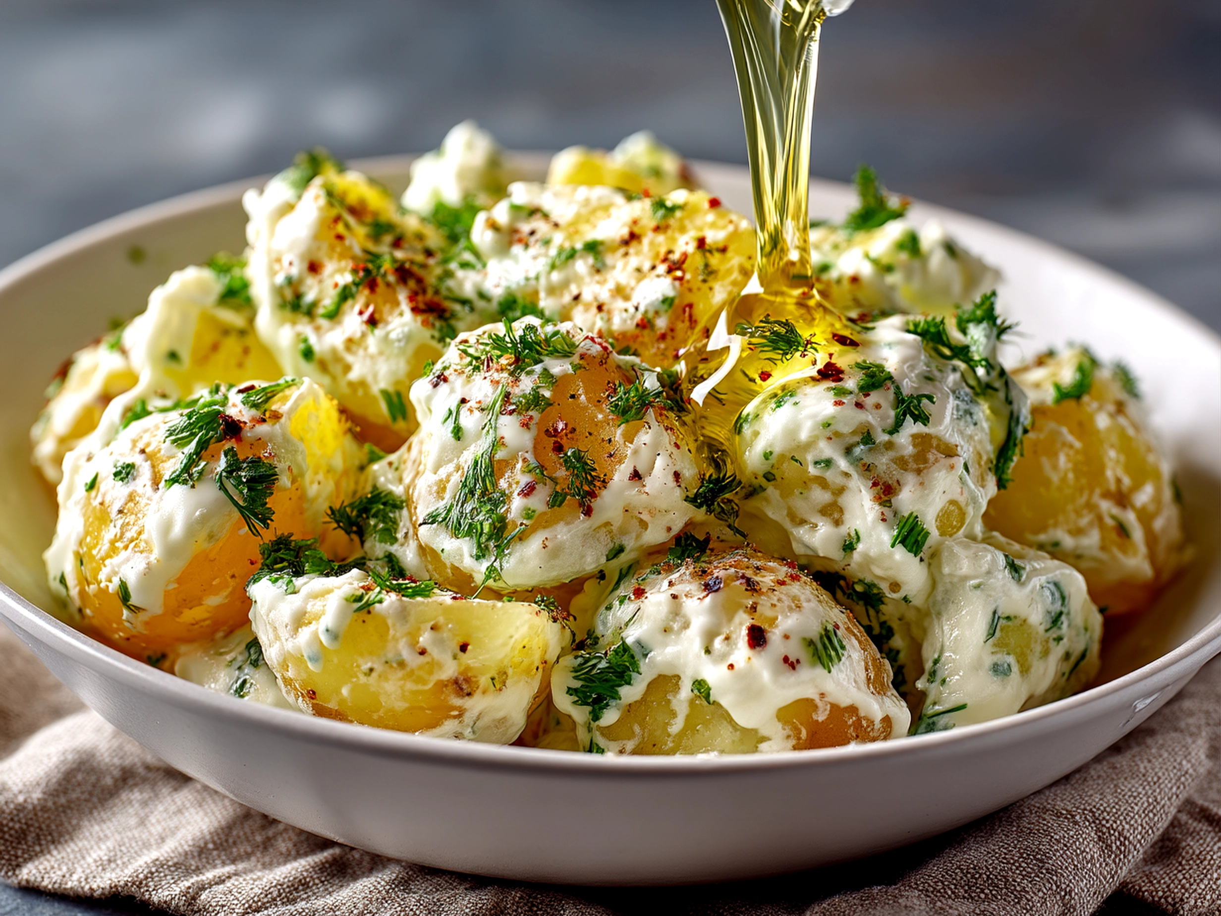 Classic Potato Salad served in a rustic bowl garnished with paprika and fresh parsley