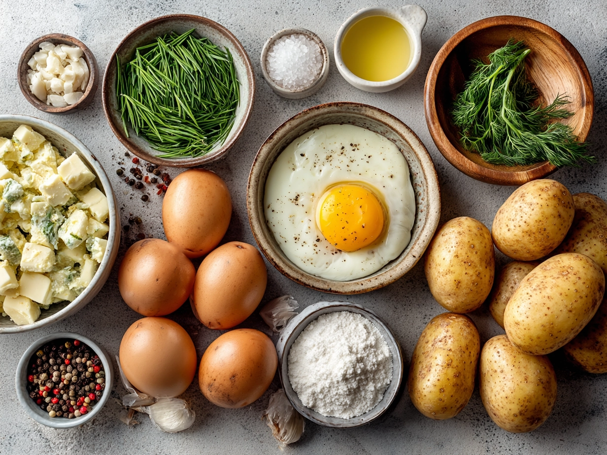 Ingredients for Classic Potato Salad including potatoes, mayonnaise, mustard, celery, eggs, onions, parsley, and spices