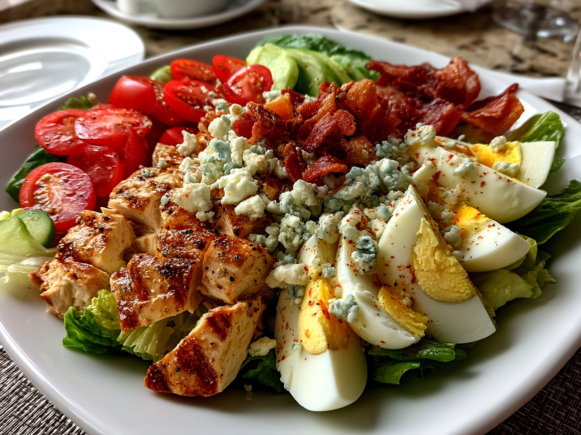 Classic Cobb Salad served on a platter with vibrant fresh ingredients