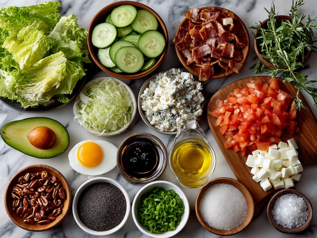 Ingredients for Classic Cobb Salad: lettuce, chicken, bacon, eggs, avocado, tomatoes, cheese and chives