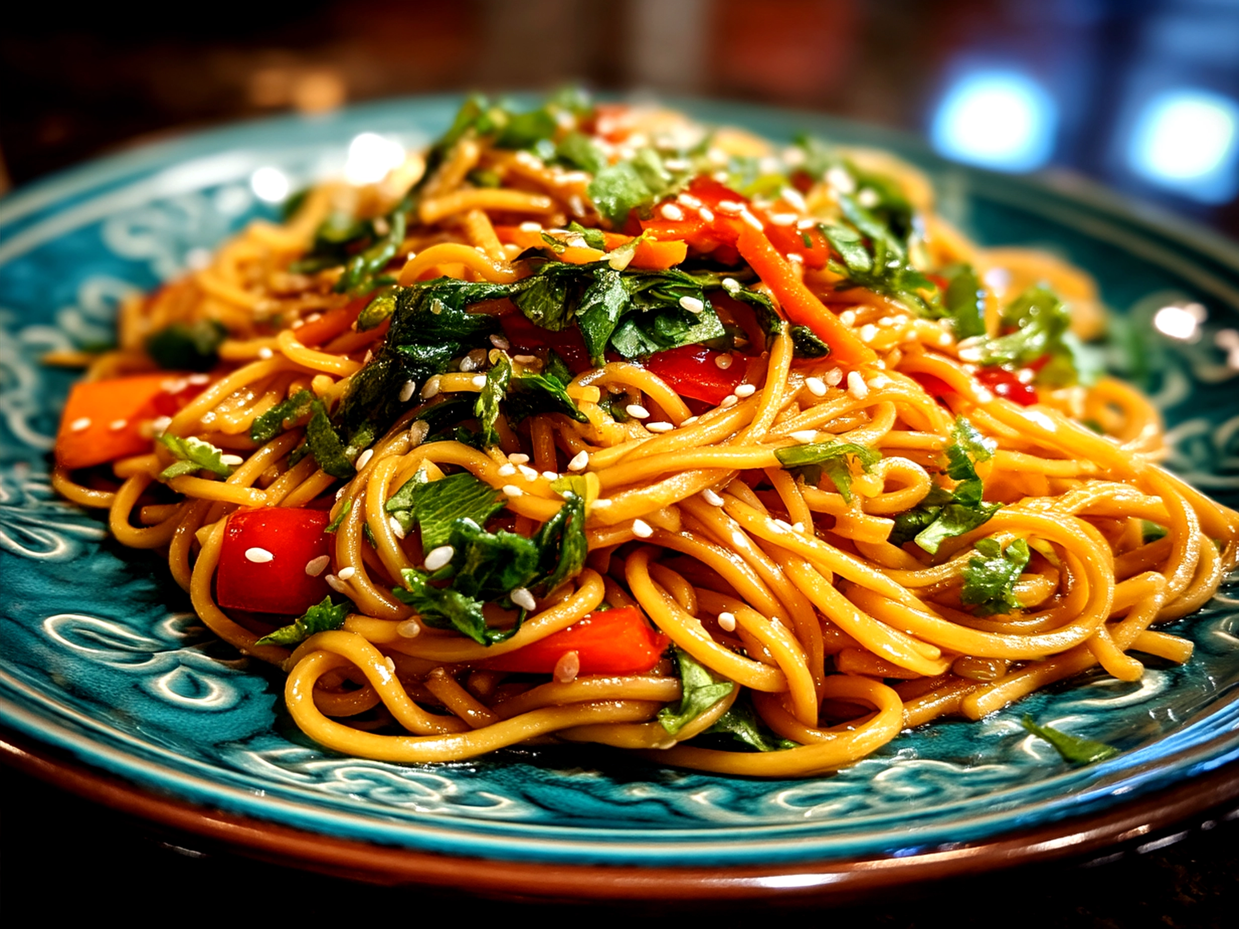 Serving cold sesame noodles garnished with cucumber, scallions and chopped peanuts