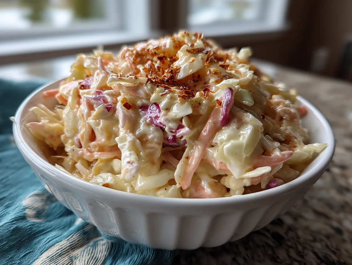 Freshly prepared coleslaw served in a bright bowl alongside grilled meats